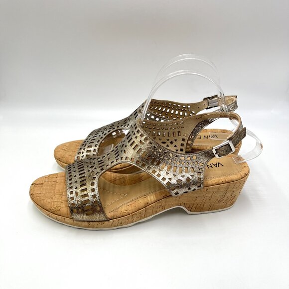 Vaneli Womens Size 11.5 Metallic‎ Gold Perforated Wedges Sandals Shoes - Picture 5 of 13